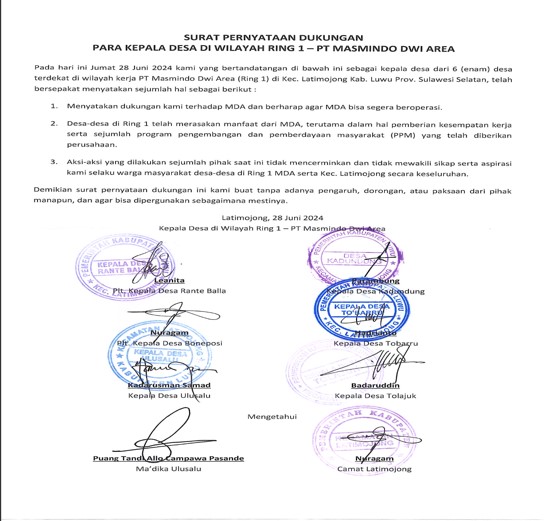 Pernyataan Dukungan Ma’dika Ulusalu dan Kepala Desa kepada MDA