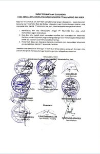 Surat Pernyataan Dukungan Para Kepala Desa di Wilayah Jalur Logistik PT. MASMINDO DWI AREA. Dok: maupa.id