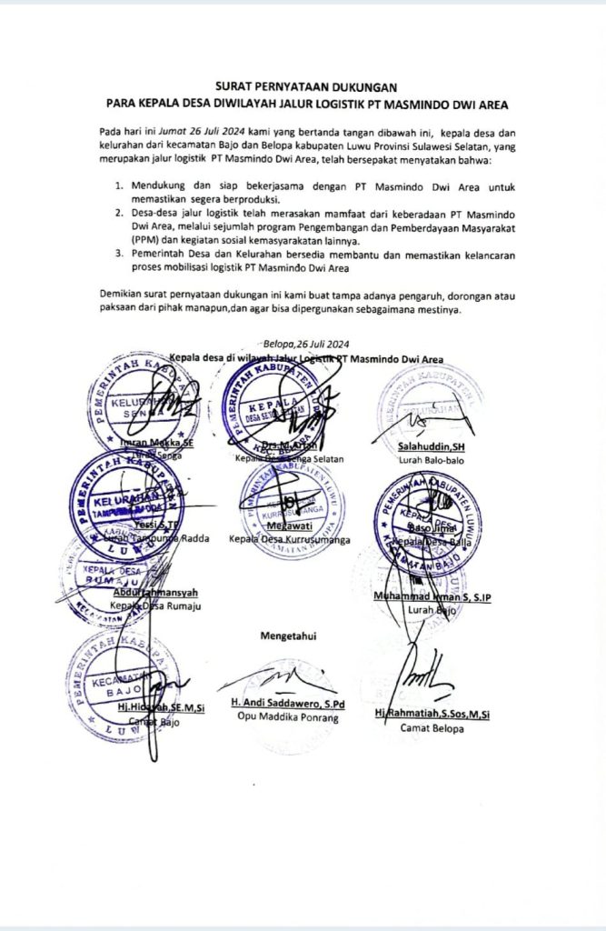 Surat Pernyataan Dukungan Para Kepala Desa di Wilayah Jalur Logistik PT. MASMINDO DWI AREA